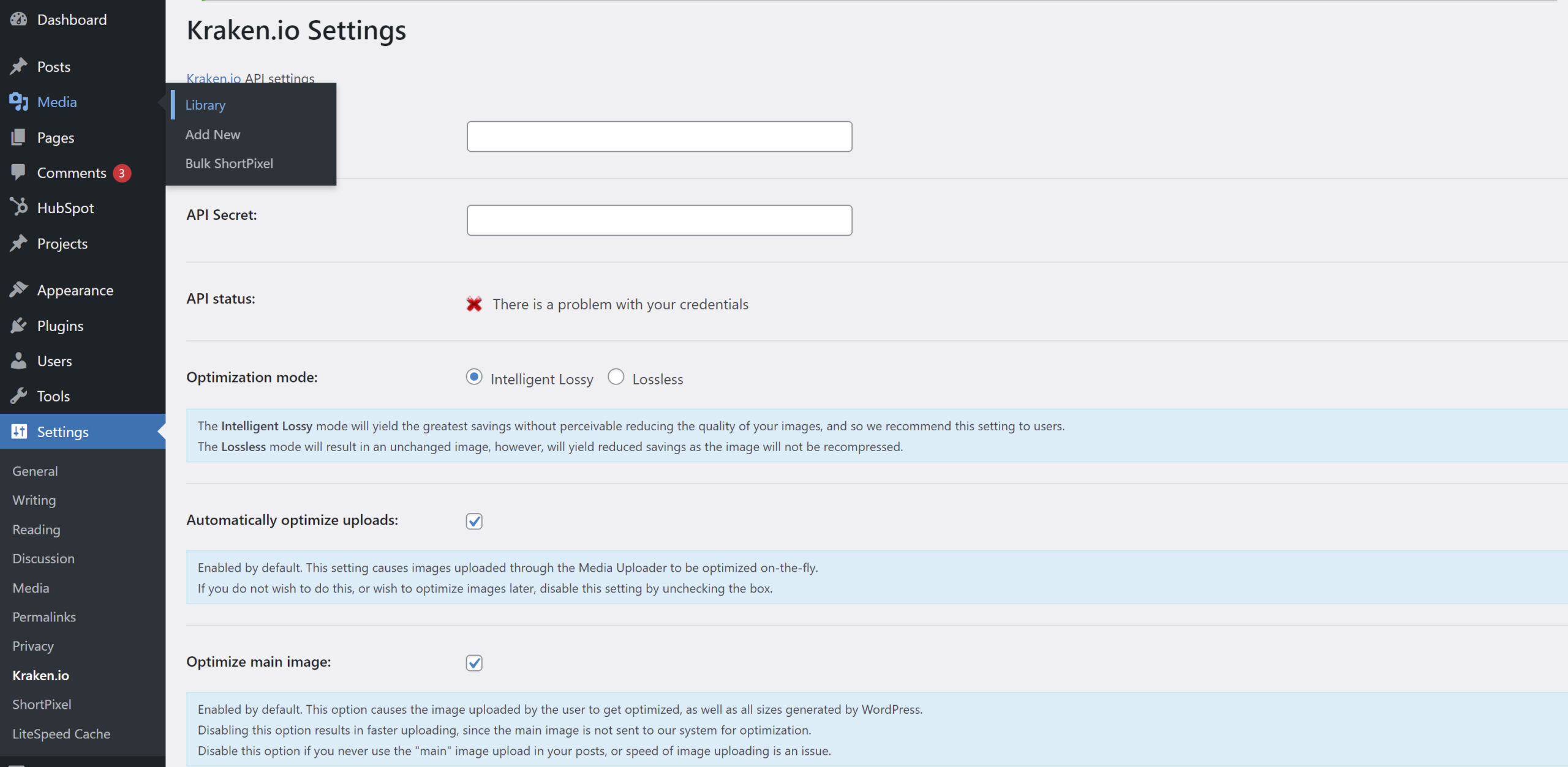 A screenshot of the settings menu for kraken.io in WordPress.
