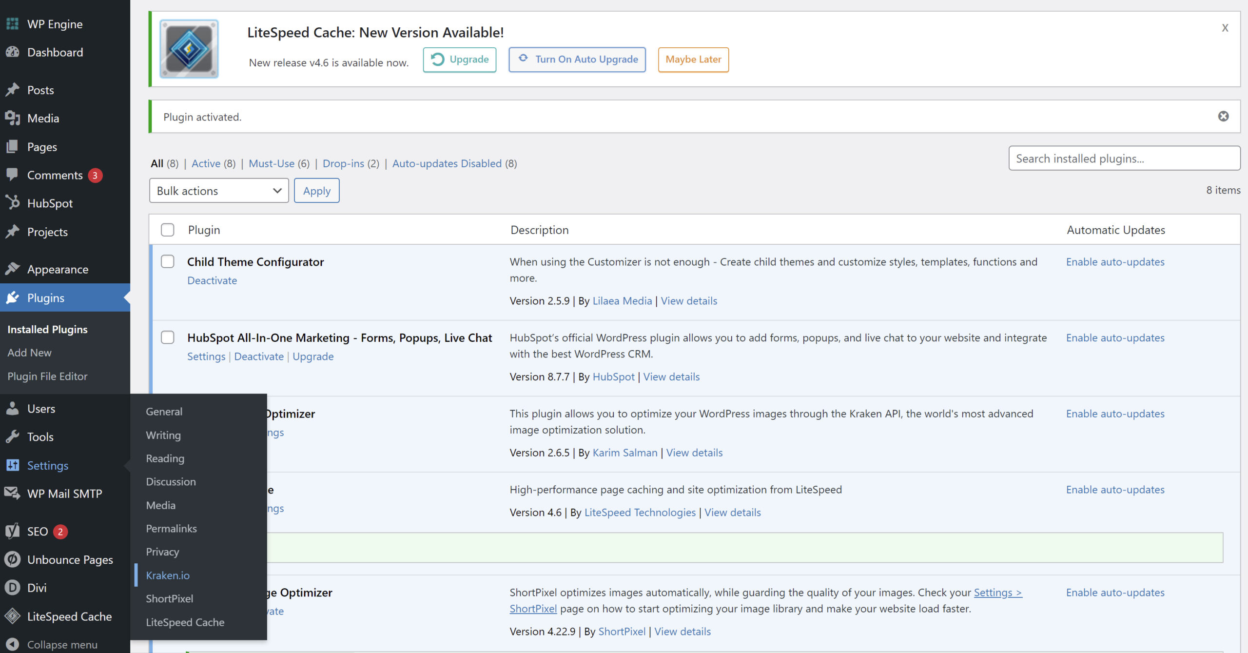 A screenshot showing how you access the settings for kraken.io in WordPress.