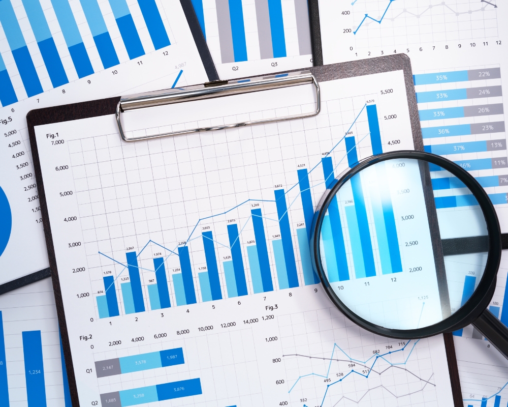 A decorative image of a magnifying glass sitting atop several papers with blue bar charts and statistics.