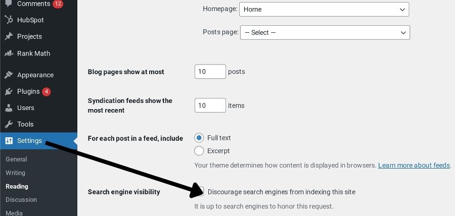 The noindex setting in WordPress is unchecked in this screenshot.