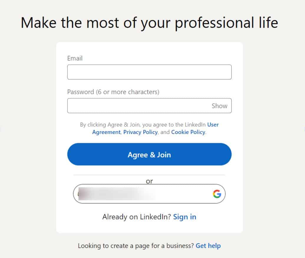 A screenshot showing the simple login features of LinkedIn.