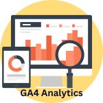 a computer screen with a magnifying glass and the words GA4 Analytics