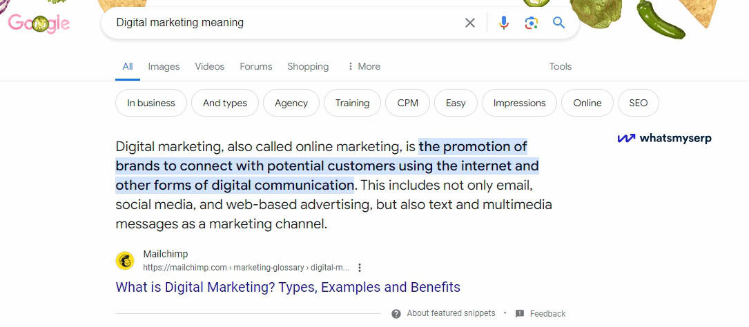 Google featured snippet for the search query "Digital marketing meaning"