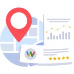 a map with a pin and a paper with a graph and a 5 star review