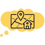a yellow thought bubble with a black outline and a house on it