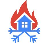 a blue house with snowflakes and a red flame