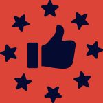 a thumb up and stars on a red background