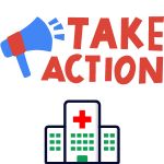 a blue and red Take Action banner with a megaphone and a hospital building