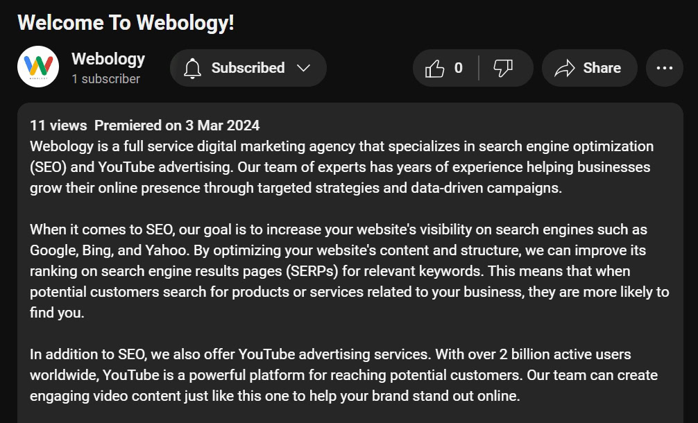 YouTube video description Webology 