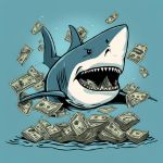 a cartoon of a shark jumping out of money
