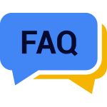 a blue and yellow FAQ chat bubble