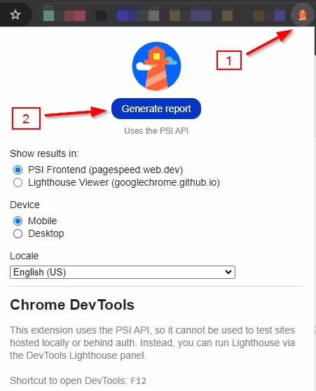 Screenshot of steps to run a LightHouse report