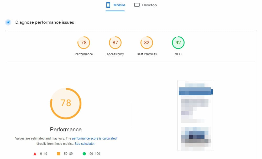 A screenshot showing a performance score