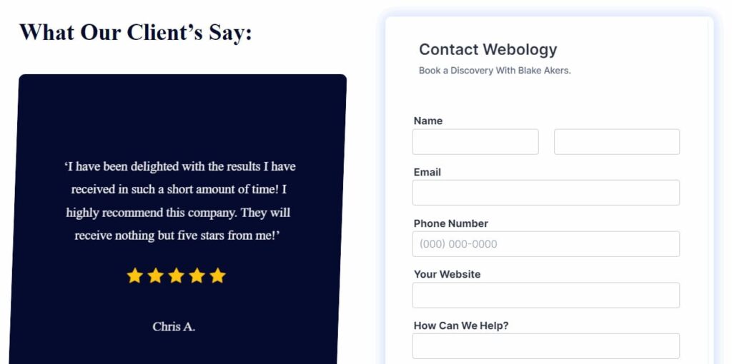A screenshot of a Webology client review next to a form on our homepage