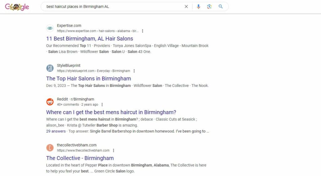 SERP results for best haircut places Birmingham AL