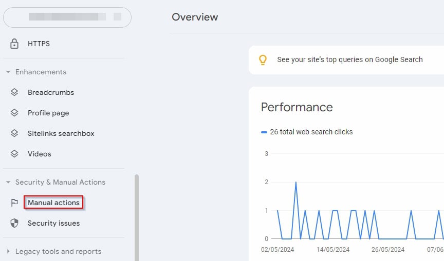 A screenshot showing where you check for manual actions in Google Search Console