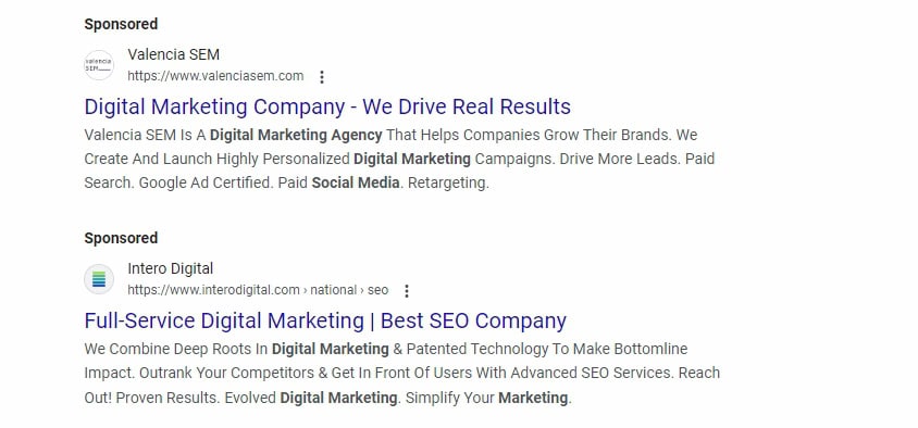 screenshot of paid ads in search results