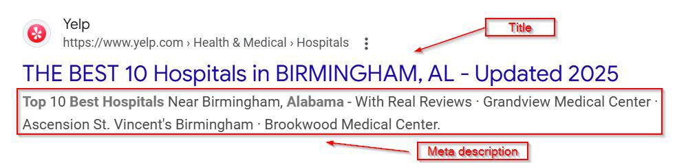 a close-up of a meta Title and description in search results