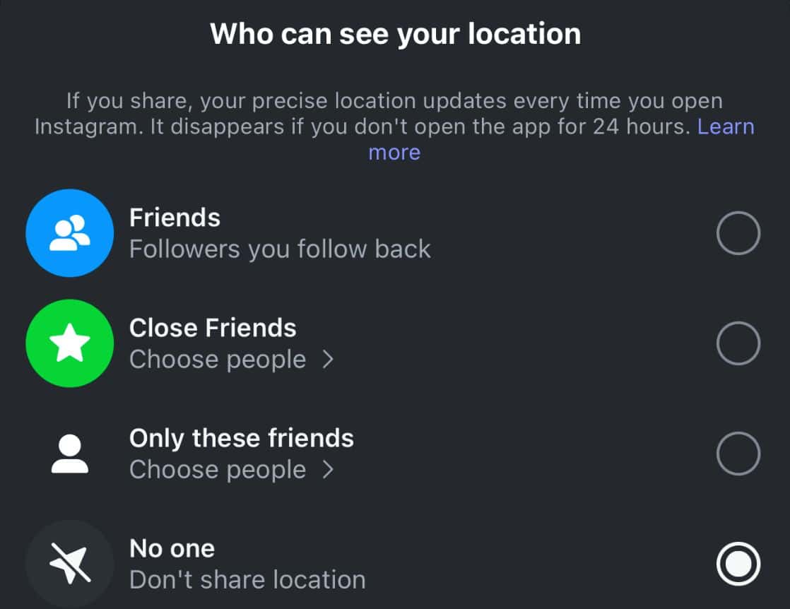 Instagram map location settings. Protecting your privacy.